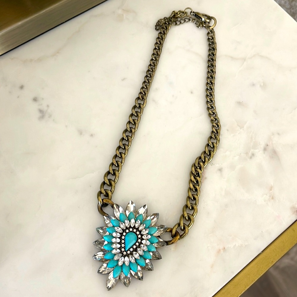 JCrew Antique Gold Necklace Beautiful Blue and White Rhinestones Pendant